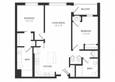 Floor plan for 2 beds, 2 baths, 1141 sqft